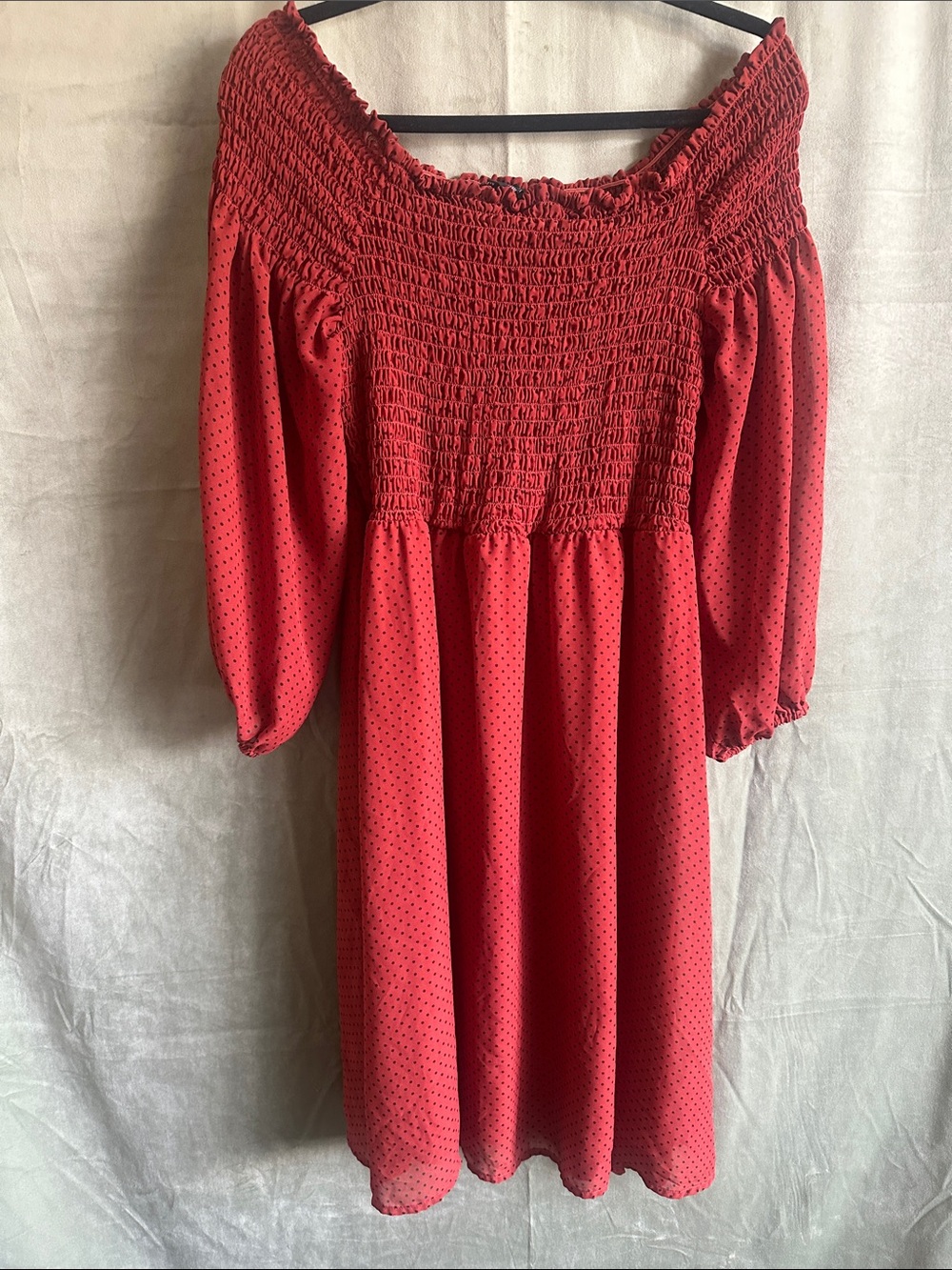 #992 Robert Louis Red Smocked Off-Shoulder Midi Dress